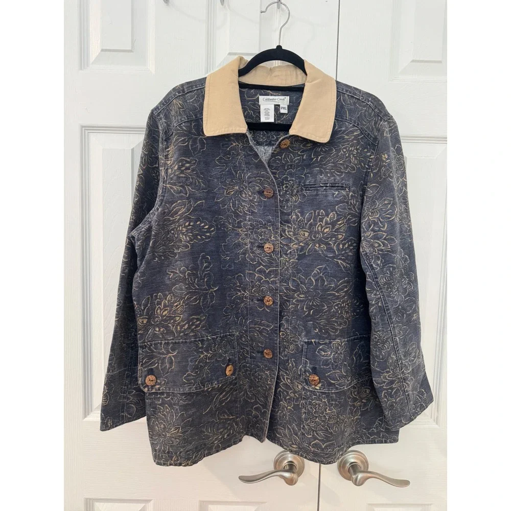 Coldwater Creek Womens PXL Linen Cotton Floral Chore Jacket Navy Tan Barn Coat